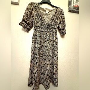 Max Studio Black and Tan Puff Sleeve Midi Dress